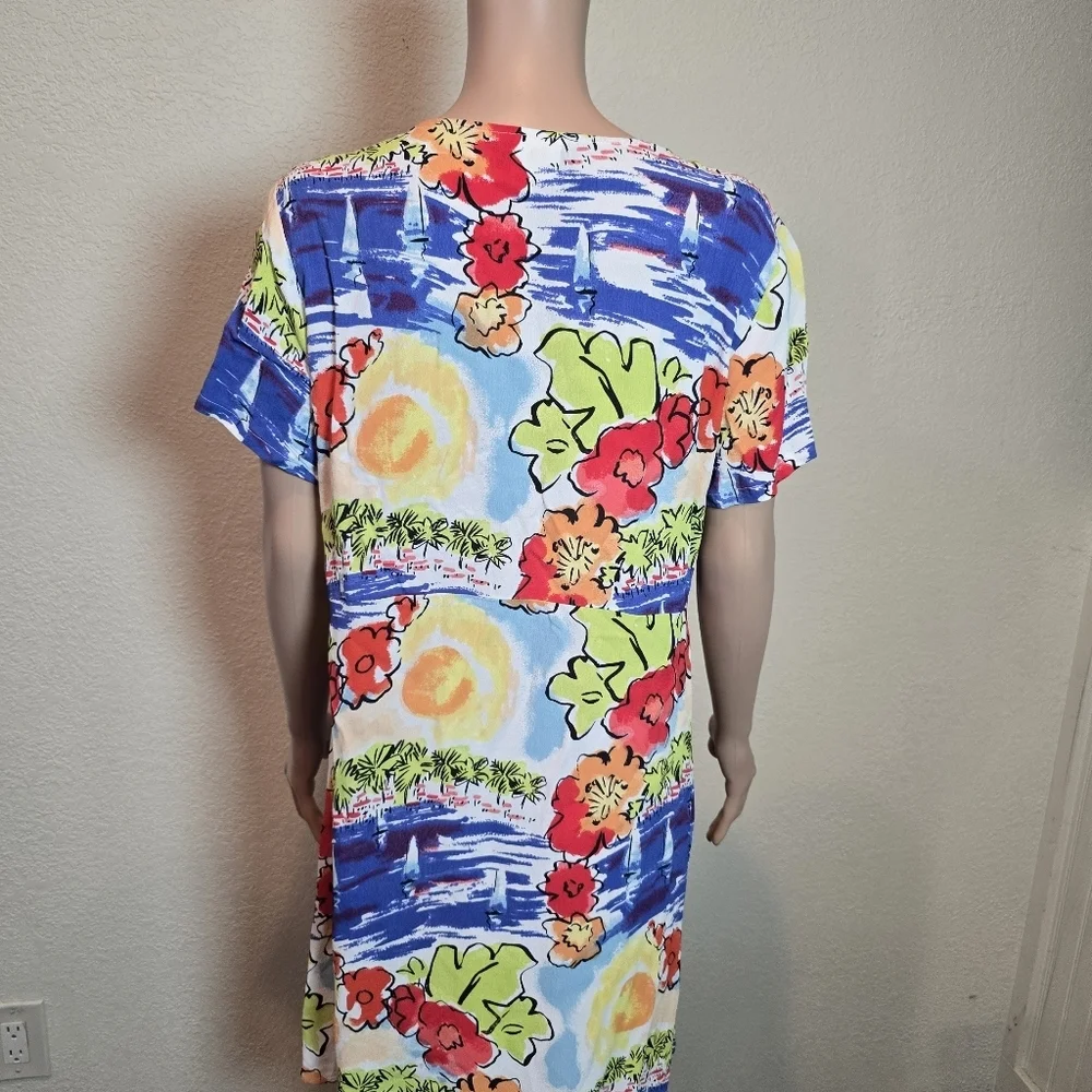 Loco Lindo Vintage Tropical Print Floral  Dress Size Large Short Sleeve Made Usa